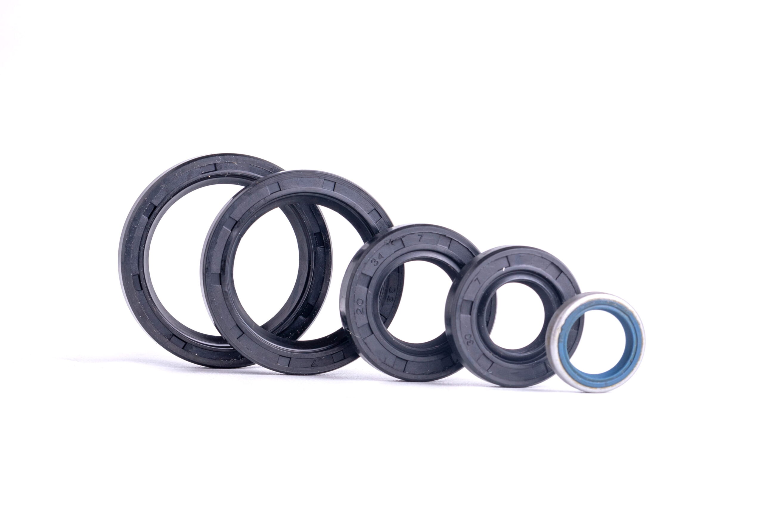 Five circular rubber seals of varying sizes are arranged in a line from largest to smallest on a white background. The smallest seal has a blue inner ring.
