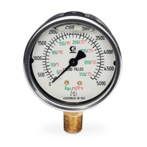 Stainless Steel High Pressure Fluid Gauge, 0-5000 psi (0-344 bar) pressure range<p>Part Number: 2007096