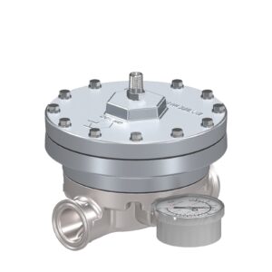 Low Shear Fluid Back Pressure Regulator, 300 Max psi, 25 gpm Max flow rate, SST, Pneumatic, high wear, sanitary inlet/outlet<p>Part Number: 25R457
