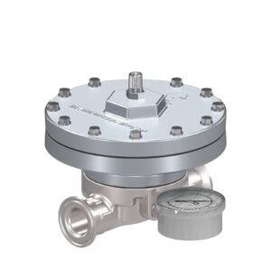 Low Shear Fluid Back Pressure Regulator, 300 Max psi, 10 gpm Max flow rate, SST, Pneumatic, high wear, sanitary inlet/outlet<p>Part Number: 25R487