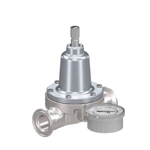 Low Shear Fluid Back Pressure Regulator, 300 Max psi, 10 gpm Max flow rate, SST, Mechanical, high wear, sanitary inlet/outlet<p>Part Number: 25R488