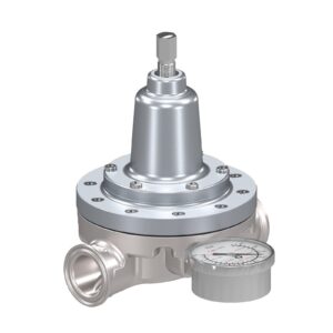 Low Shear Fluid Back Pressure Regulator, 300 Max psi, 25 gpm Max flow rate, SST, Mechanical, high wear, sanitary inlet/outlet<p>Part Number: 25R647