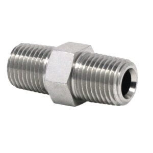 Hex Shoulder Nipples - Straight, 1/4 in x 1/4 in threads, Steel<p>Part Number: 555453