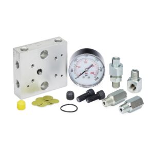 Pump-to-Reservoir Manifold for Modu-Flo Pumps, NPT, Dry Gauge, Fill Check, Outlet Check, Tubed Blowout<p>Part Number: 563331