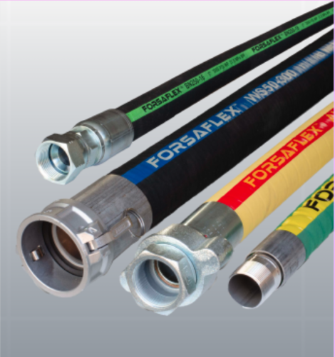 Four industrial hoses with different colored stripes (green, blue, red, and yellow) and metal connectors, arranged diagonally against a gray gradient background.