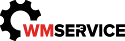 Logo featuring a black gear on the left and "WMSERVICE" beside it—WM in bold red, SERVICE in bold black with the E as a rupee symbol—ideal for industrial equipment service in Sault Ste. Mar.